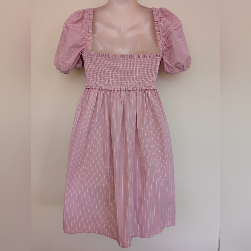 Aritzia Sunday Best Mini Smocked Babydoll Dress Small Pink & White Strip… - Picture 7 of 12